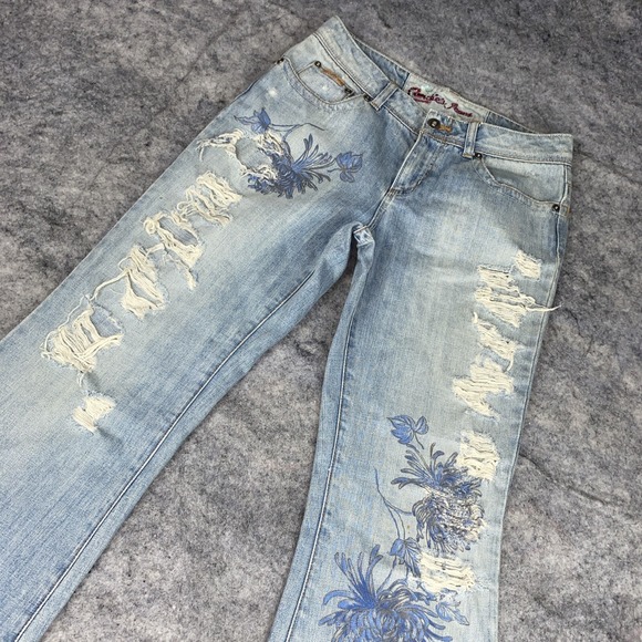 Candie's Denim Jeans Women's Size 9 Leg Low Rise Floral Distressed Flare Leg Y2K - Picture 1 of 16